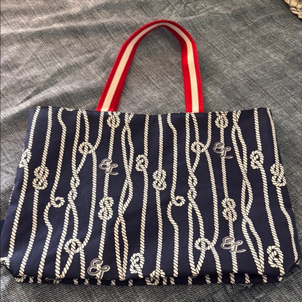 Nautical Navy Tote Bag with Red Straps